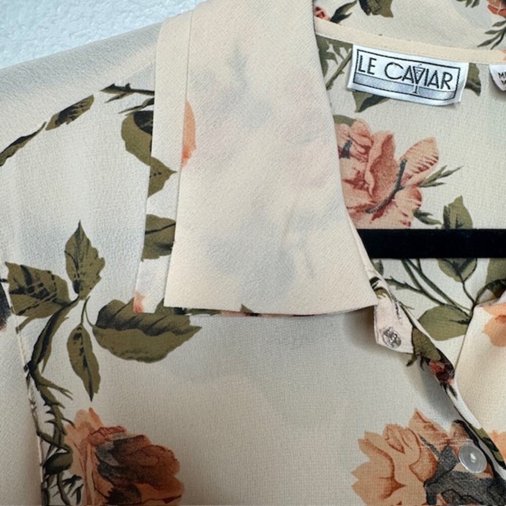 Le Caviar Sheer Floral Blouse M Beige Fall Cottagecore Button Front - Picture 3 of 14